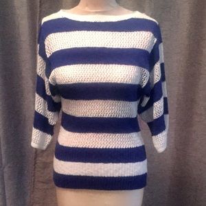 Blue and White Striped Open Knit Sweater